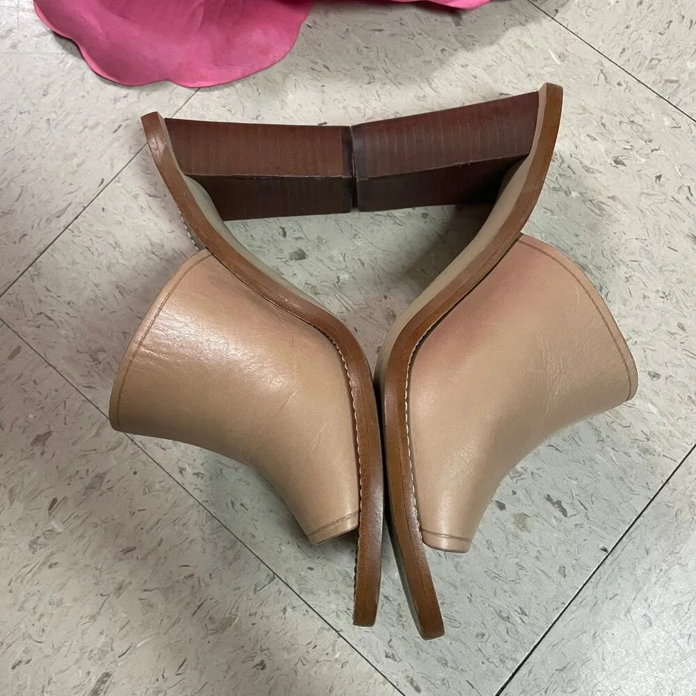 J CREW Nude/Beige MARLOW Leather Block Heeled Open‎ Toe Mules Sandals